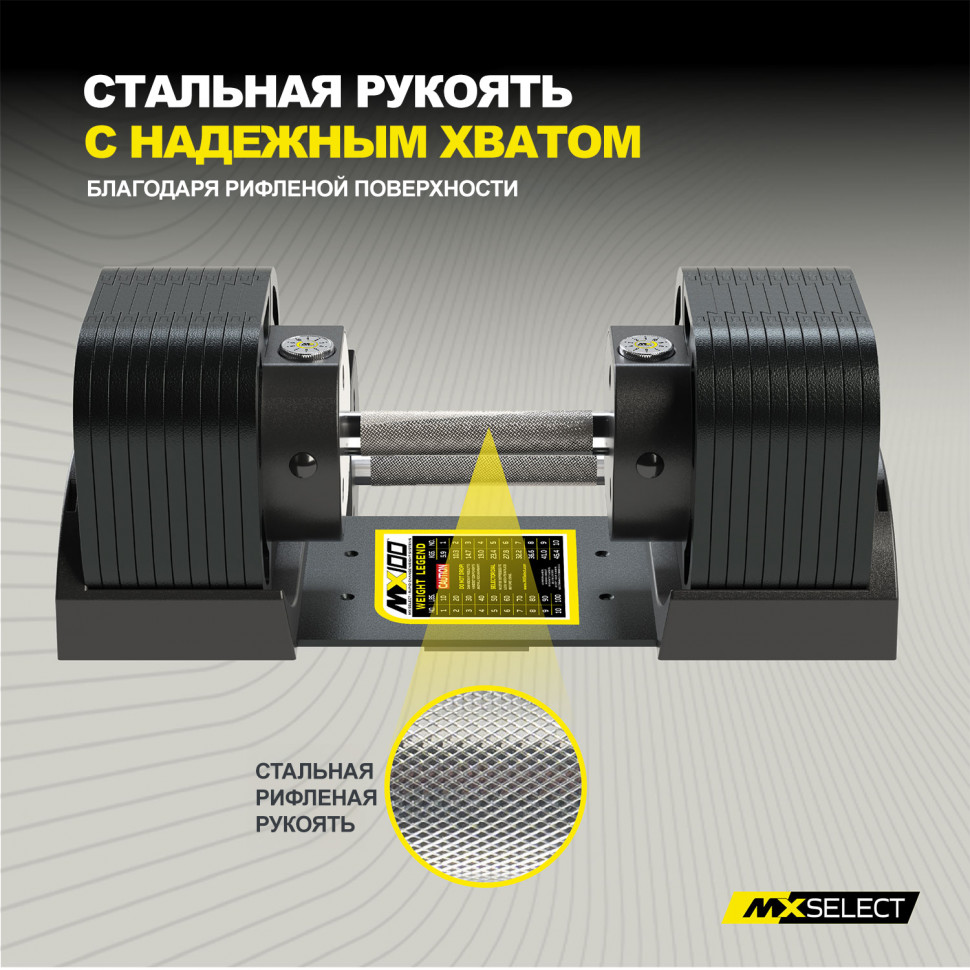 Гантели регулируемые MX Select MX100 EVO, рифленая стальная рукоять, вес 5.9-45.4 кг, 2 шт